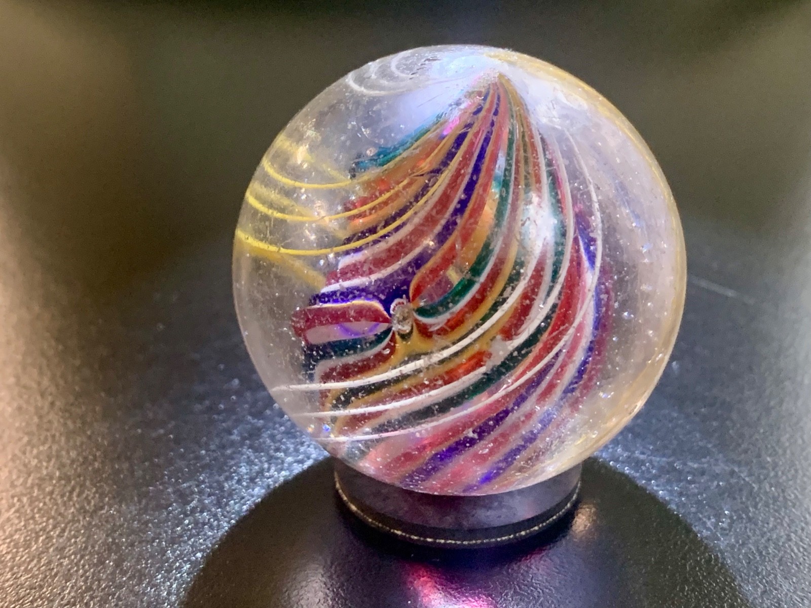 Antique German Multi Color Latticinio Core Swirl Marble 43mm 1.69″ Yellow white