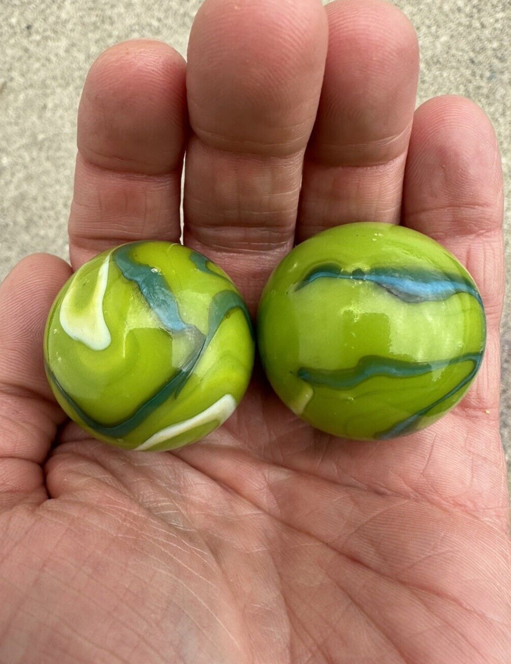 2 BOULDERS 35mm MERMAID Marbles Glass Green/Blue/White LARGE HUGE Swirl