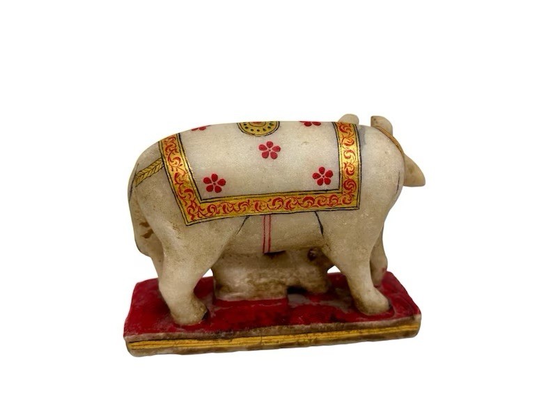 Vintage Marble Kamdhenu Cow Calf Statue, Meenakari Golf Leaf, Hand-painted