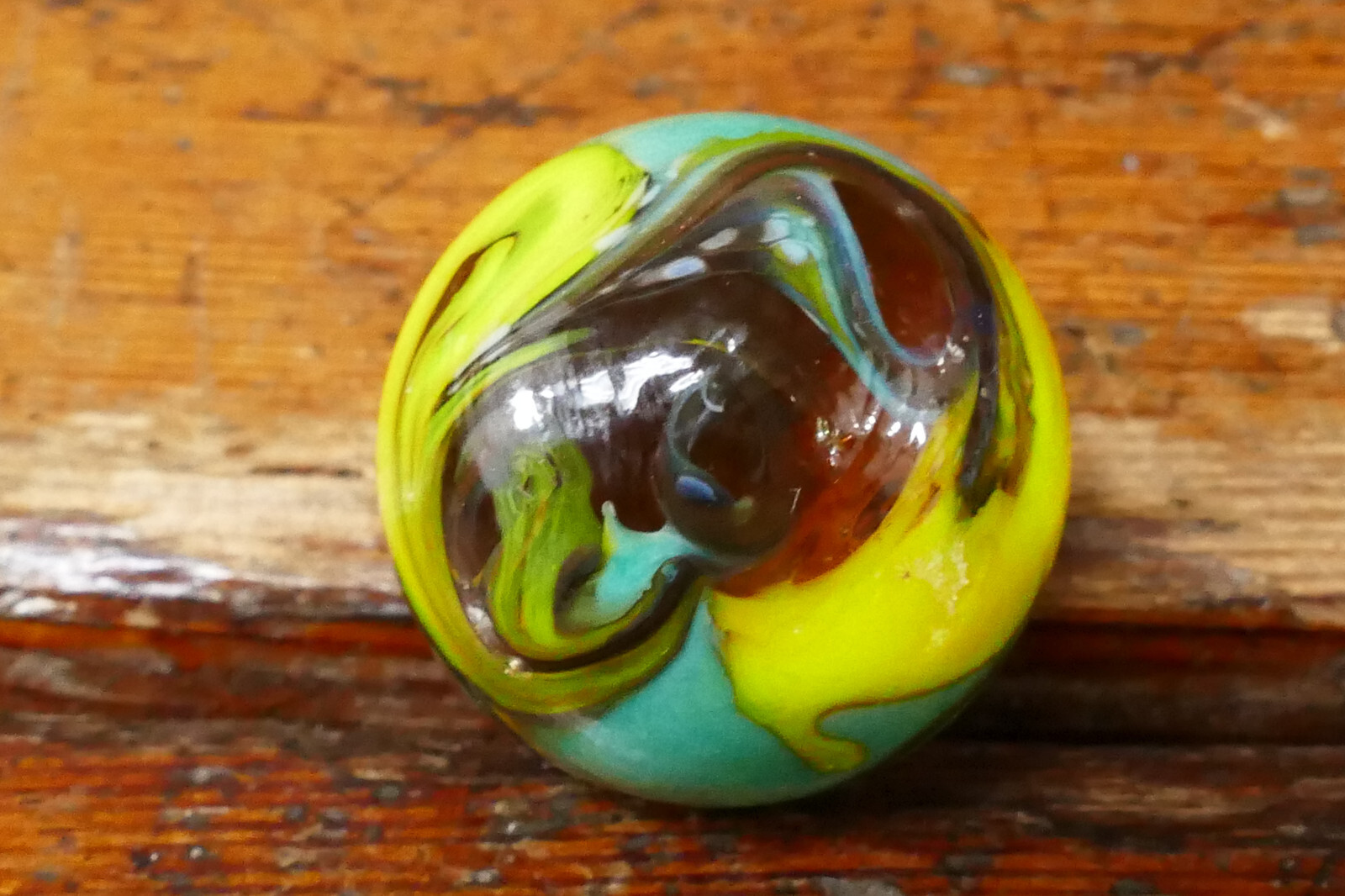 Vintage Hand Blown Art Glass Marble Light Blue & Yellow Swirl – 1 3/16” Diameter