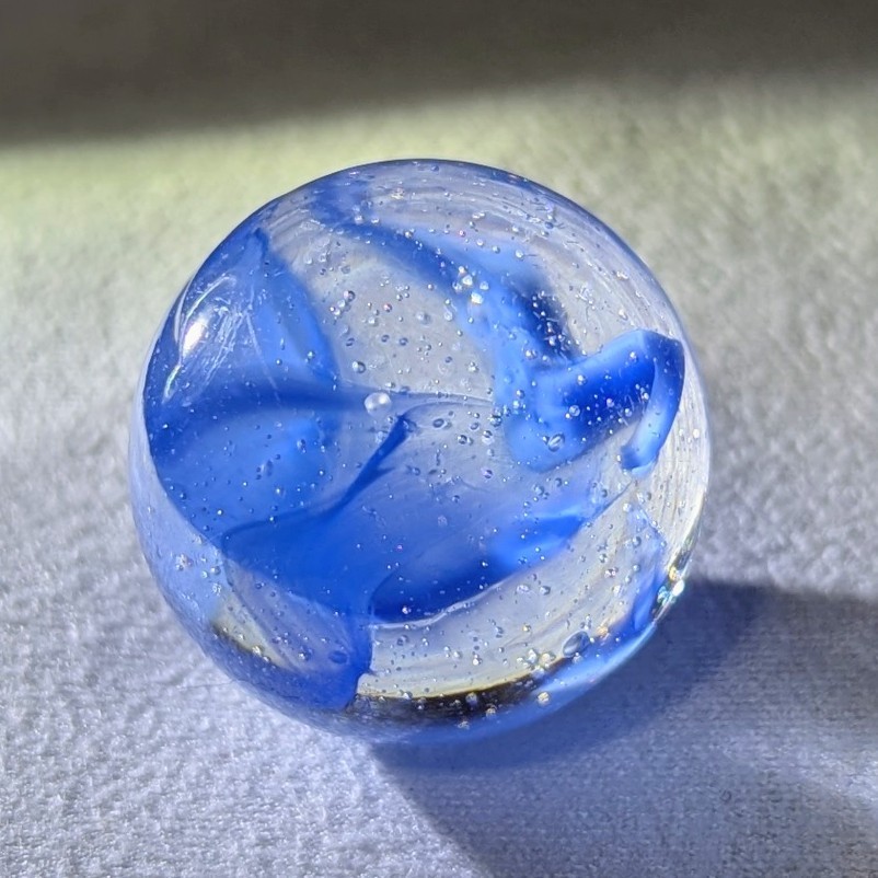 Vintage Peltier Glass Co. Clear-Based Rainbo / Clear Agate Shooter – 7/8″ Wet…