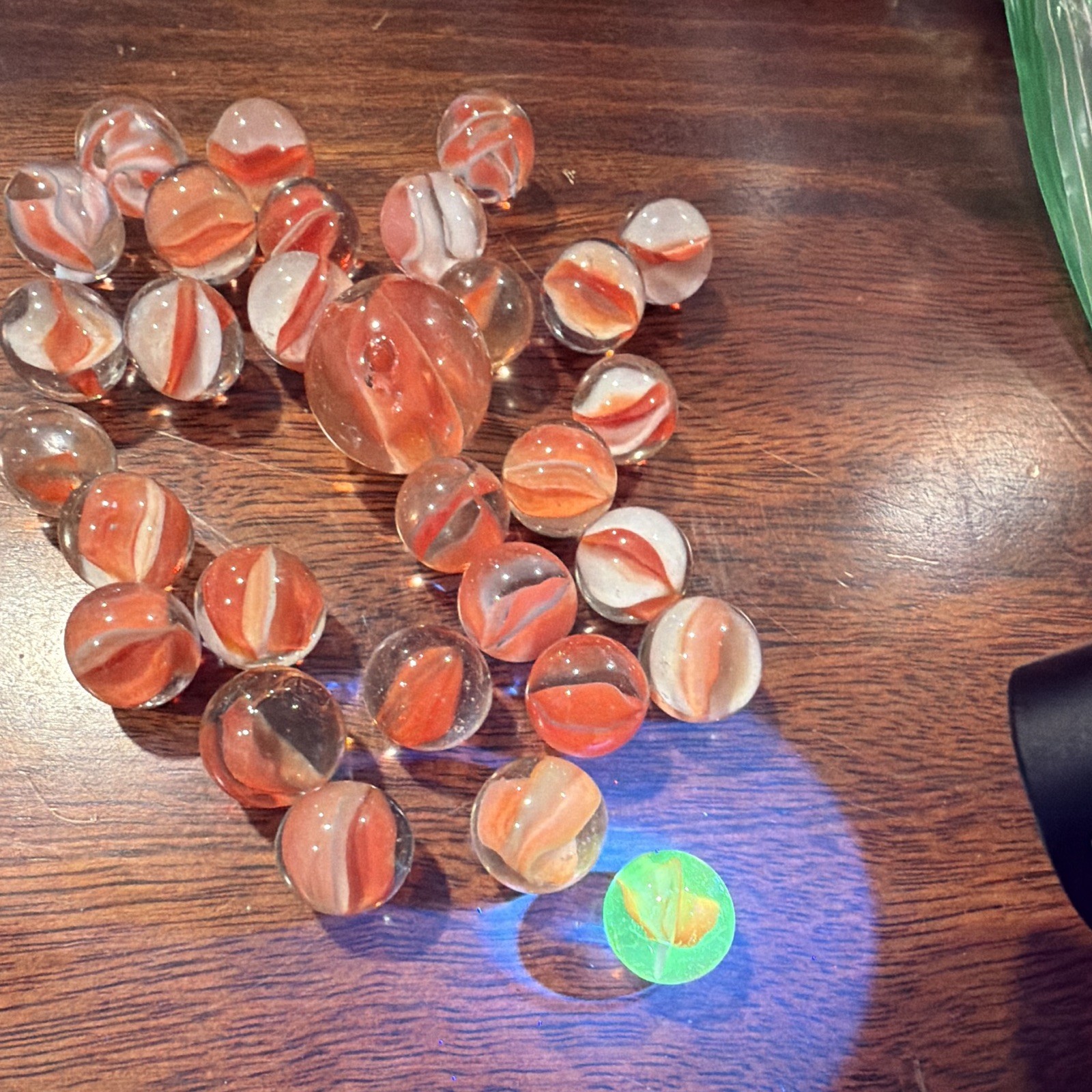 Glass Toy Marbles Lot Orange & White Swirl w/ 1 Large Shooter, Machine Made