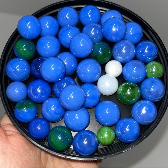 40+ Vintage Glass Marbles Shiny Glossy Blue Green White Solid Colour Lot Swirls