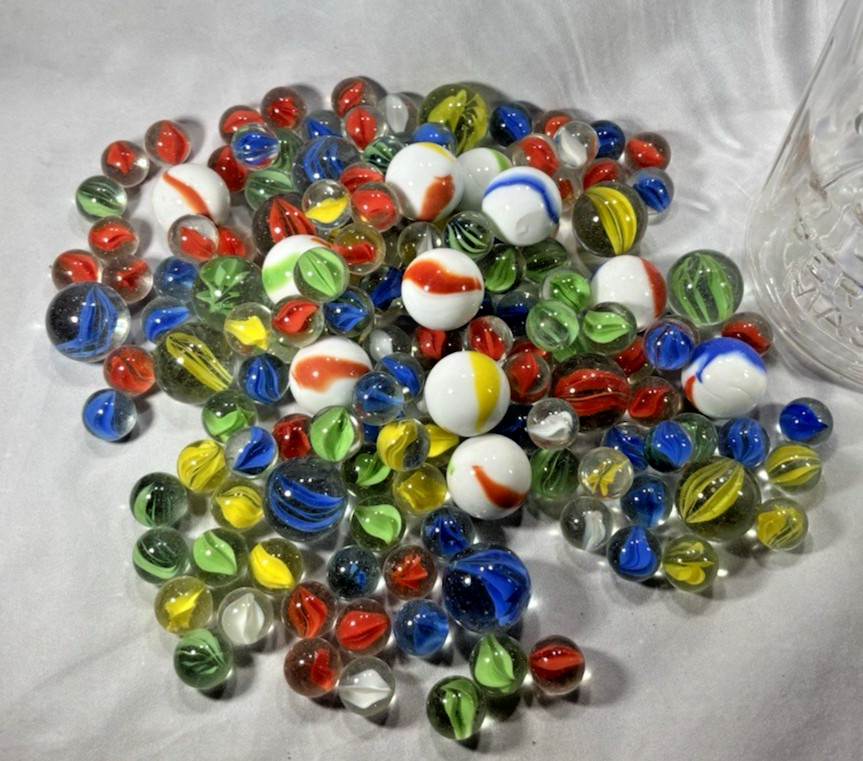 2Lbs 8Oz Of Shooter Marbles And Others In Ball Jar with zinc lid