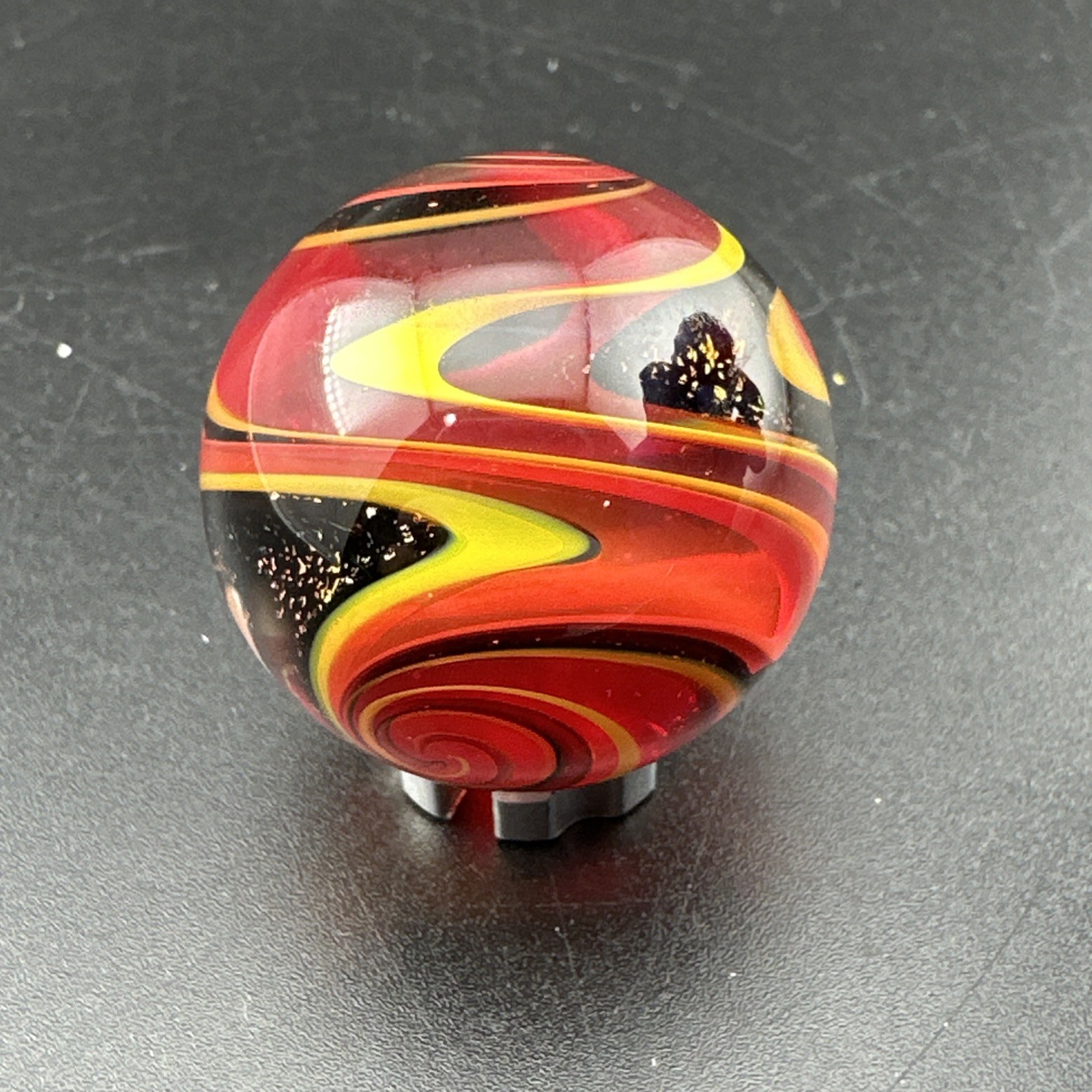 Contemporary Handmade Art Glass Marble 1.13″ Yellow Red Swirl Sparkly Dichroic