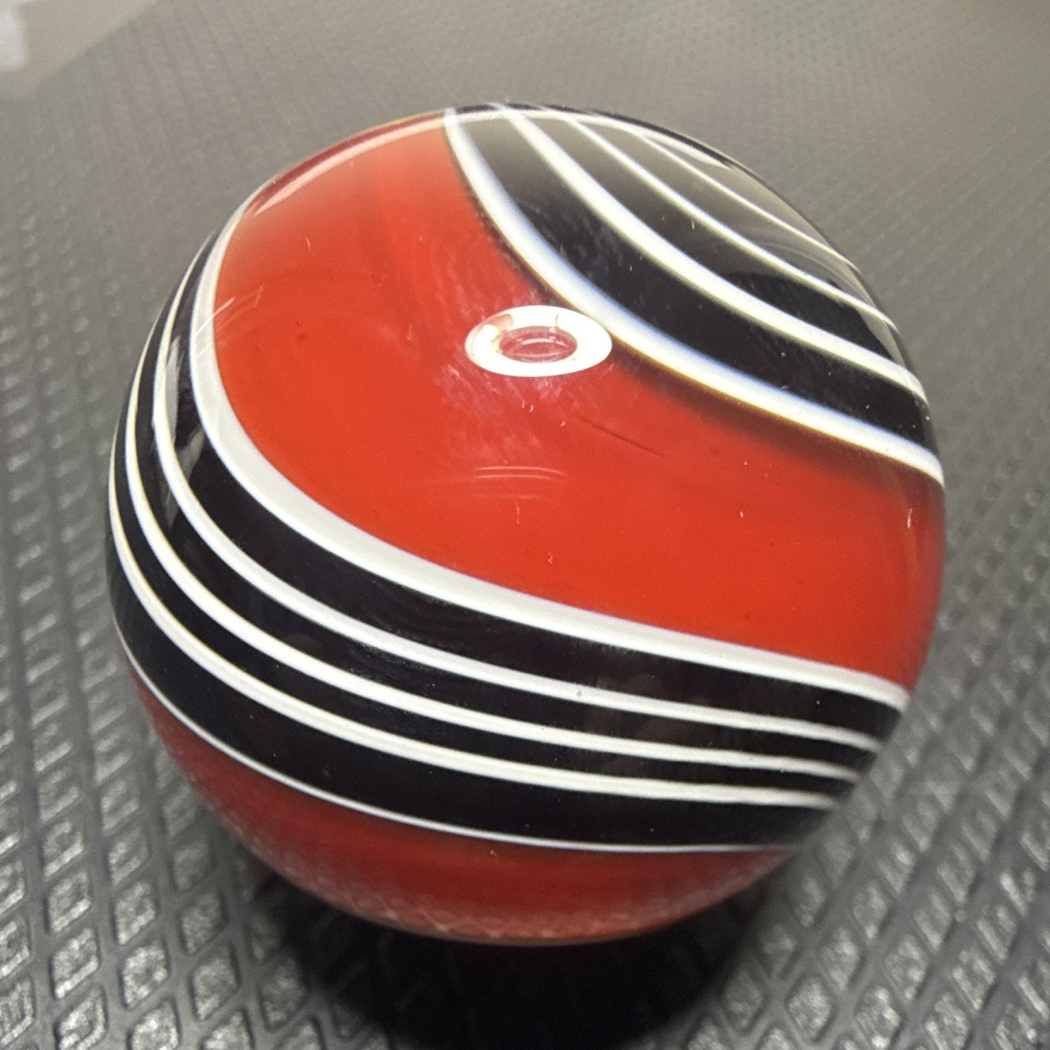 1.5″ Contemporary Glass Marble Red Black White Ribbon Swirl Unsigned