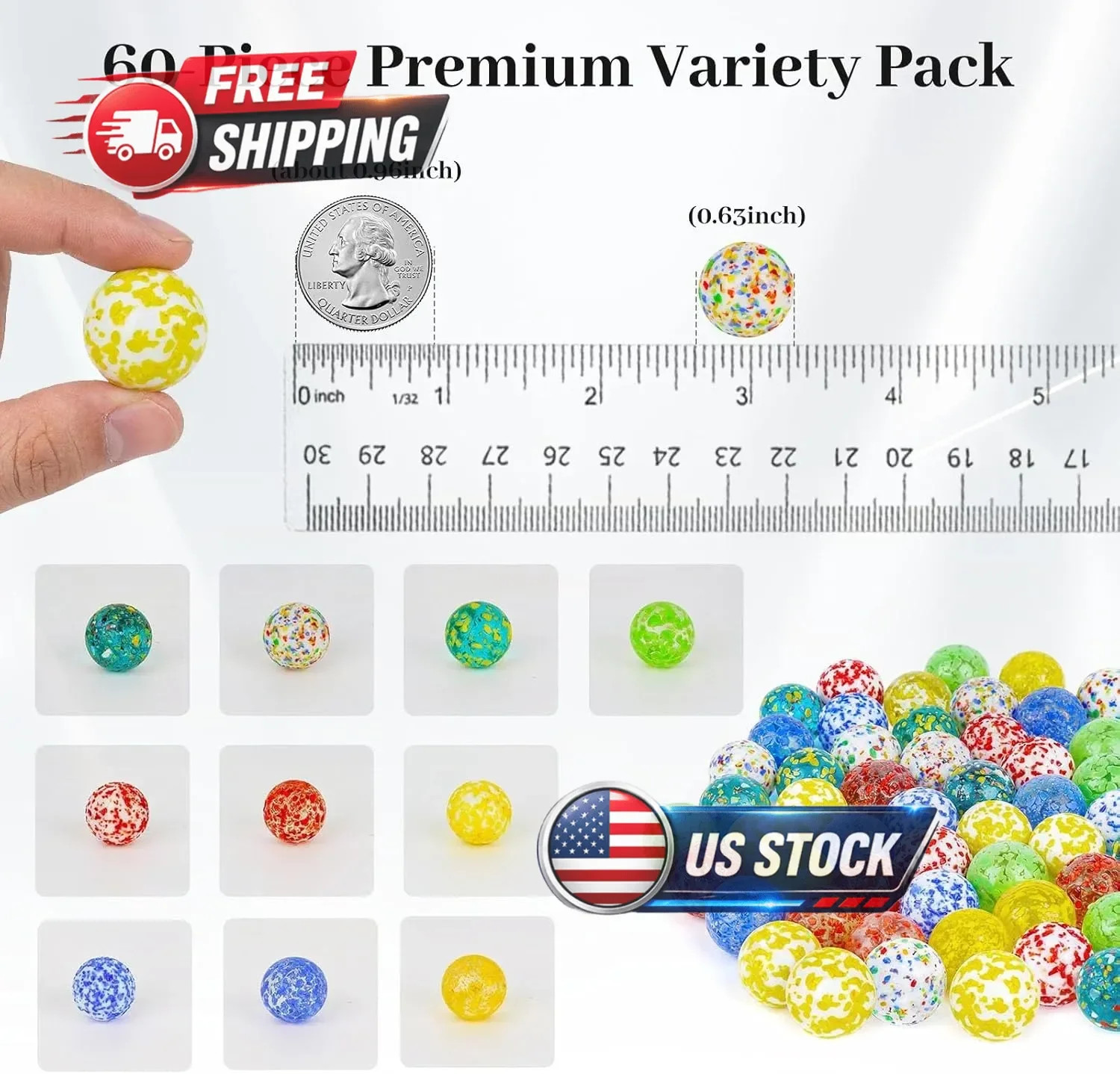 60PCS Glass Marbles Bulk, 16mm/0.6inch Handmade Colorful Assorted Marbles for Va