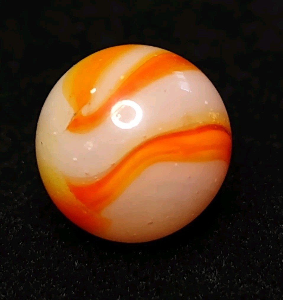 Yellow & Orange & Wh. Bubbly ClearBase Peltier Rainbo Glass VINTAGE Marble .64″