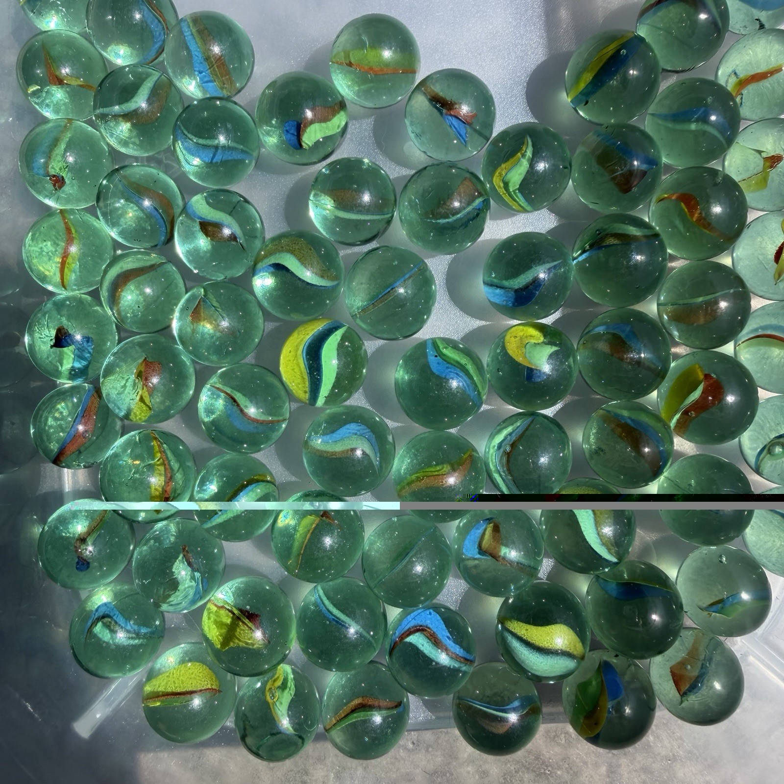 Lot of 72 Vintage Green Cat’s Eye Glass Marbles 5/8″ Japan Blue Yellow Orange
