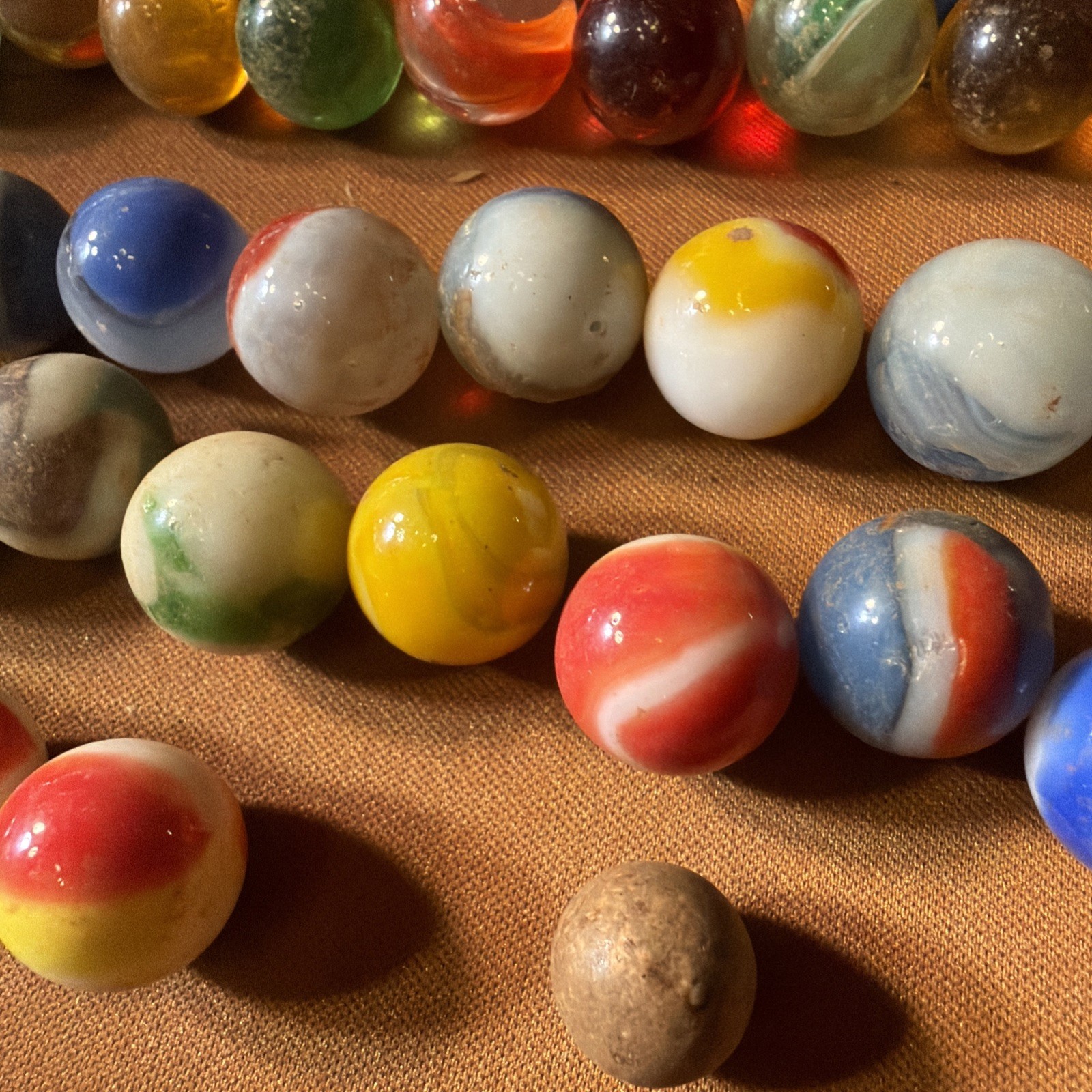 Marble Lot Of 64. Core/banded Swirl, Agate, Glass, Striped, Clay, Ribbon, Solid