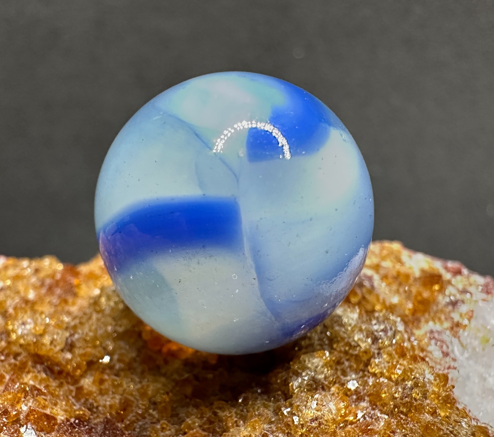 Vintage Peltier Glass NLR SEMI-TRANSPARENT Rainbo Marble – Blue & White – .68″