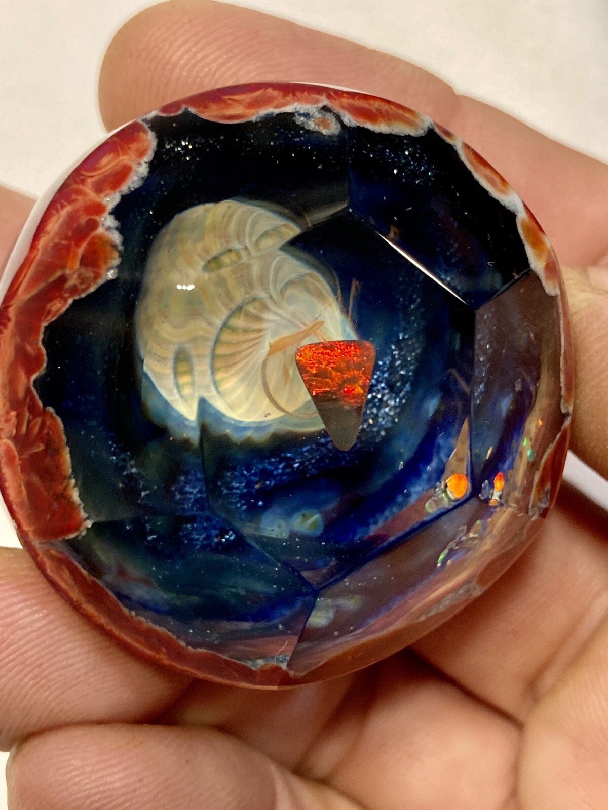 Glass Boro Marble 41mm W/ Opal Stone Hand Made Art Faceted ￼space Sculpture