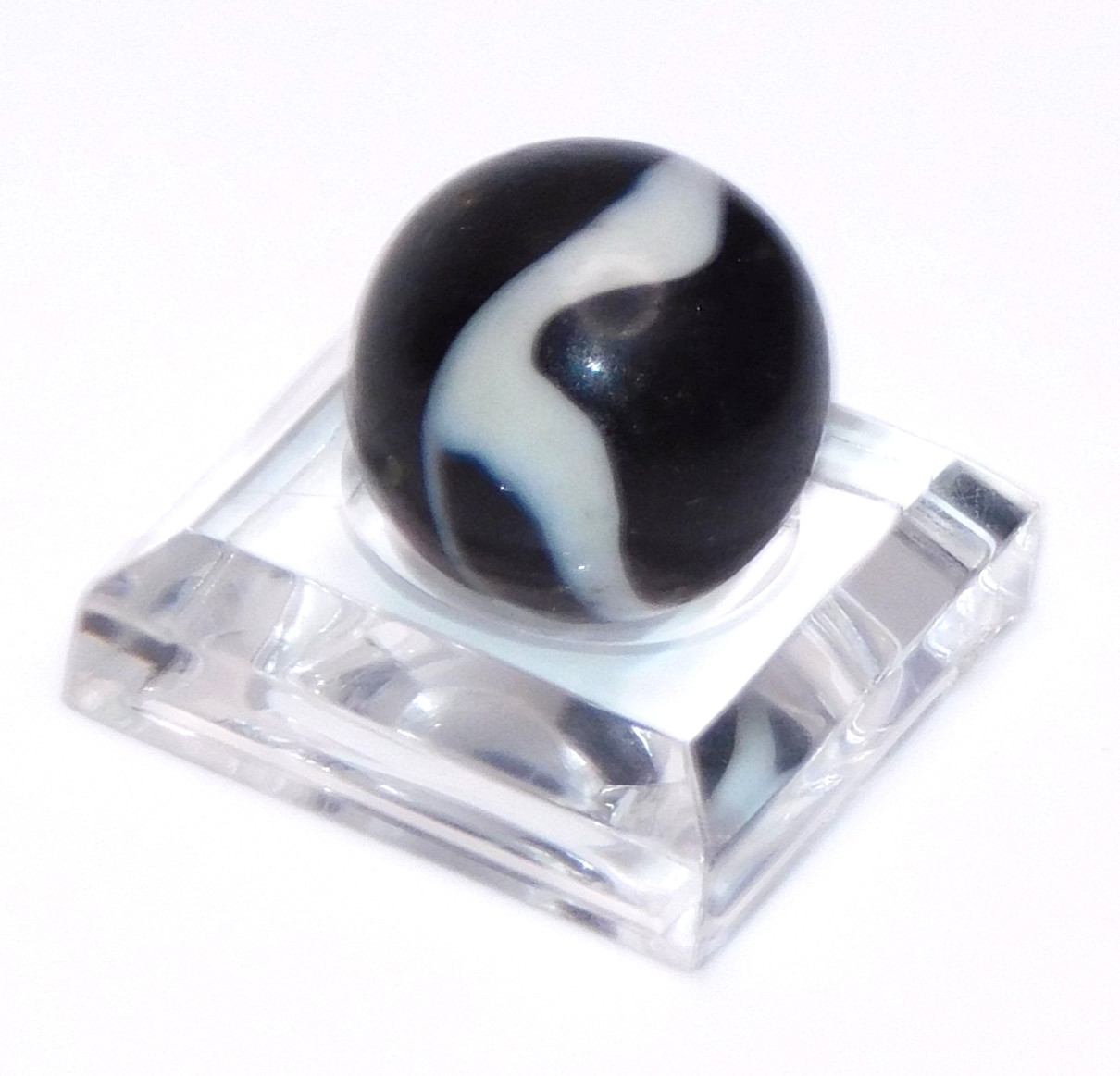 Vintage Glass Marble Near Opaque Black White Corkscrew? UV Reactive 0.59″ #U-15