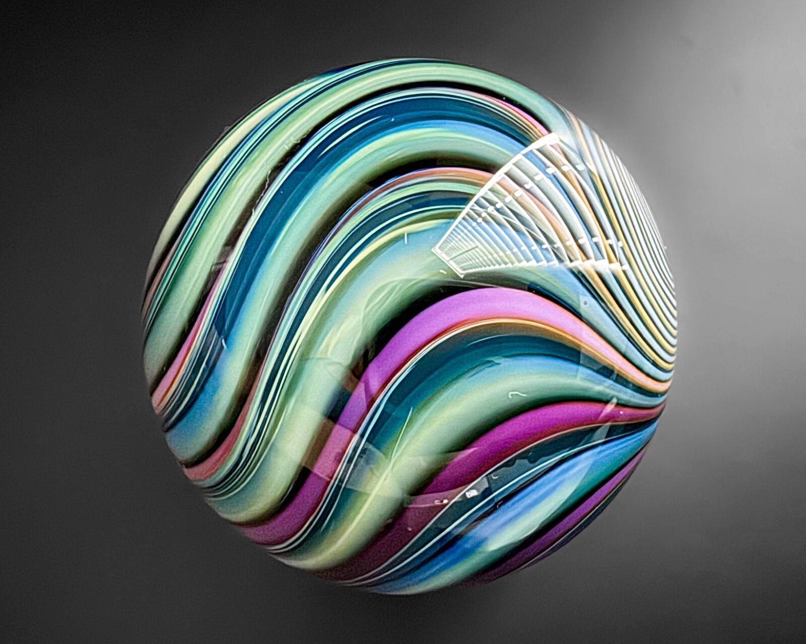 Fritz Lauenstein 1.5″ Green Purple Lampwork Swirl Art Glass Handblown Marble