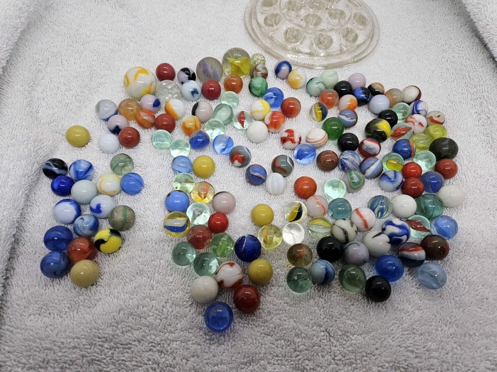 Antique Lot Glass Marbles with Glass Display Stand – Some Glow Under Black Light