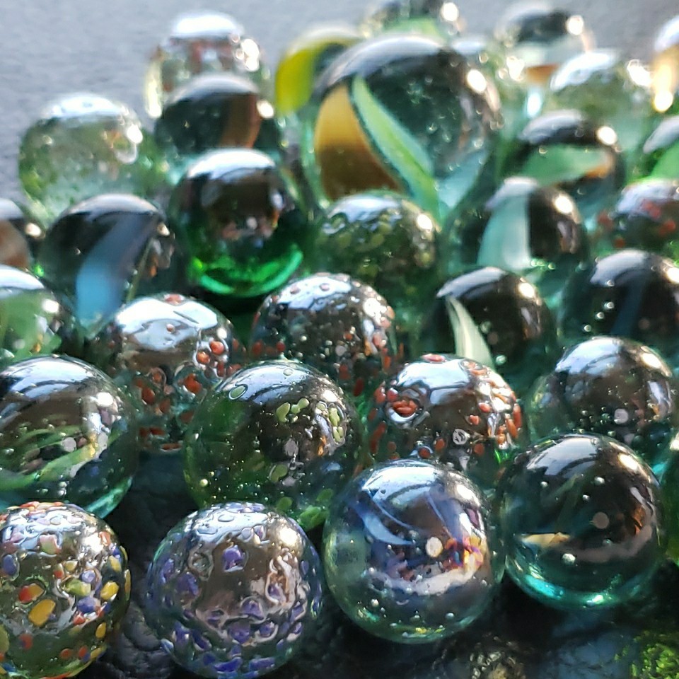 39 Glass Marbles STAR DUST Speckled Glitterbomb Some Iridescent Green 1 Shooter
