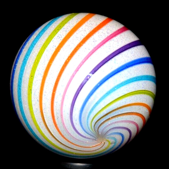 HOT HOUSE GLASS MARBLE/1.618″-ICE WHITE DICHROIC RAINBOW-ROYAL,TURQ,TANGERINE+