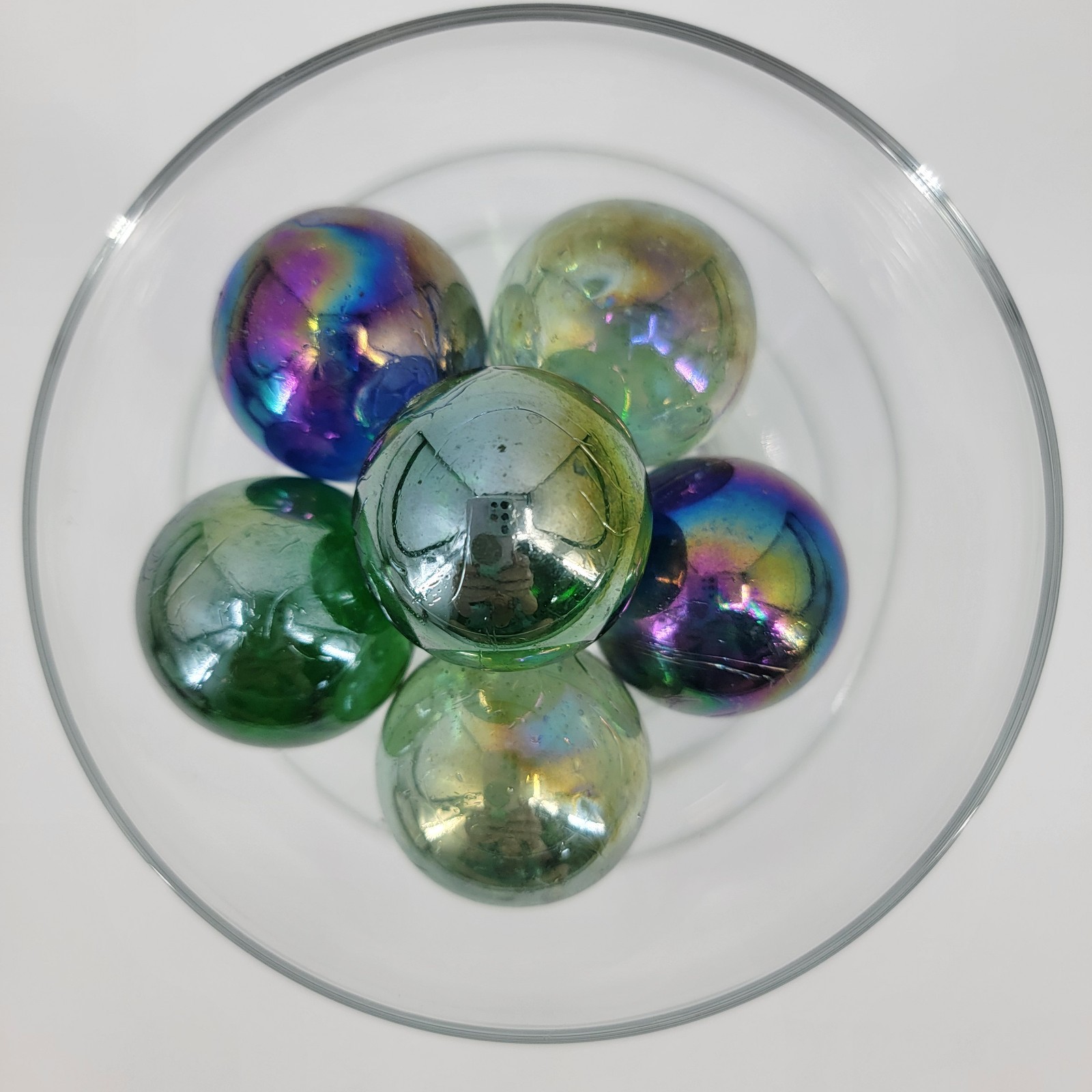 VTG 1.5″ Aurora Iridescent Glass Shooter Marbles Set 6 w/Original Bag Taiwan 70s