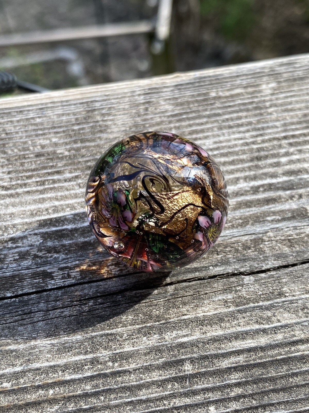 handmade art glass marble Silver Foil Encased Tiny Pink Blooms