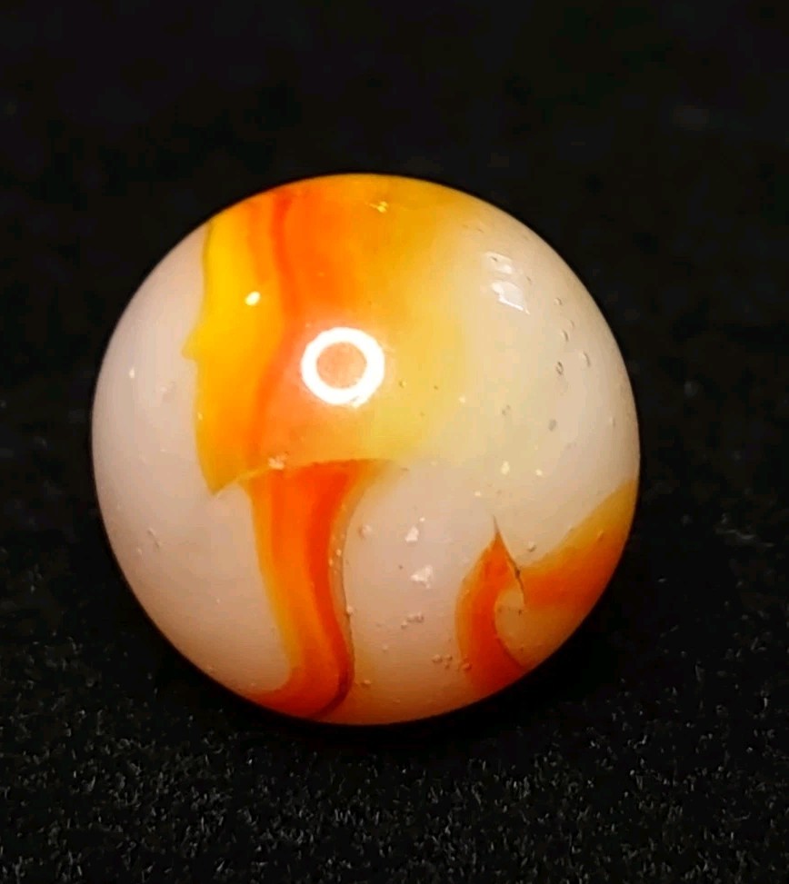 Yellow & Orange & Wh. Bubbly ClearBase Peltier Rainbo Glass VINTAGE Marble .64″