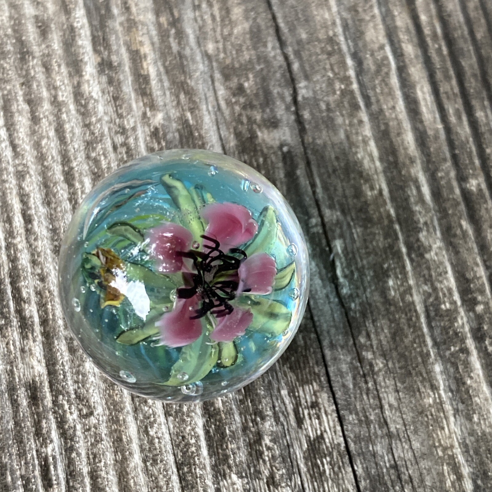 Pink Tiny Full Bloom Floral Murrini Handmade Glass Marble With Tiny Bee
