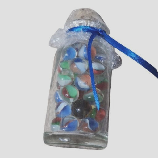 2 Small Glass Jars filled w/123 total Vintage Glass Marbles, Glass Hearts
