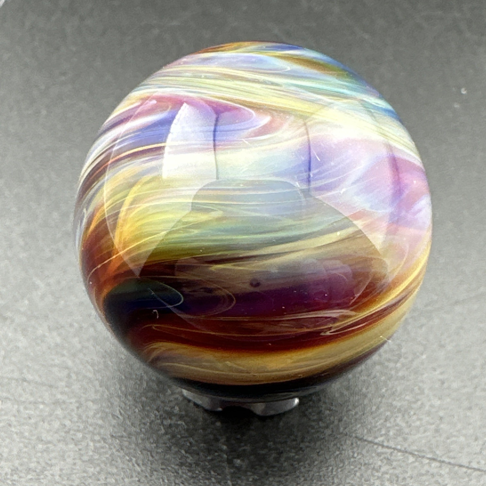 Contemporary Handmade Art Glass Marble .93″ Amber Purple MIB Layered Color Swirl