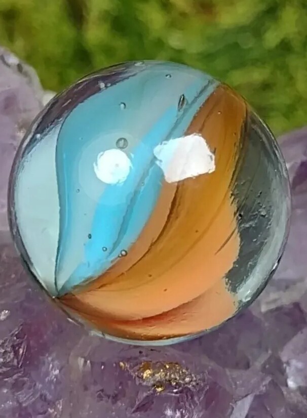 Elegant 💎 NM Turquoise & Peach Cateye Six-Vane “V” Style Vintage Marbles .60″