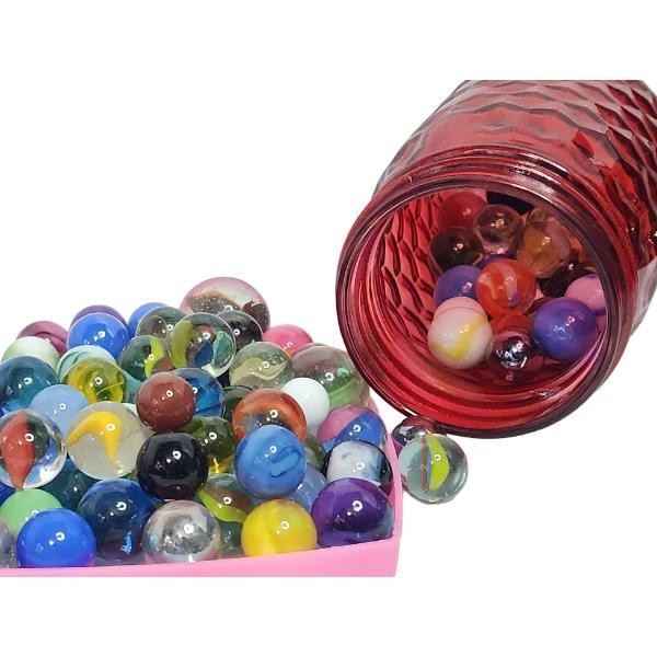Decorative Red Glass 8 oz Jar filled w/110 cat eye, Vintage & Reg Glass Marbles