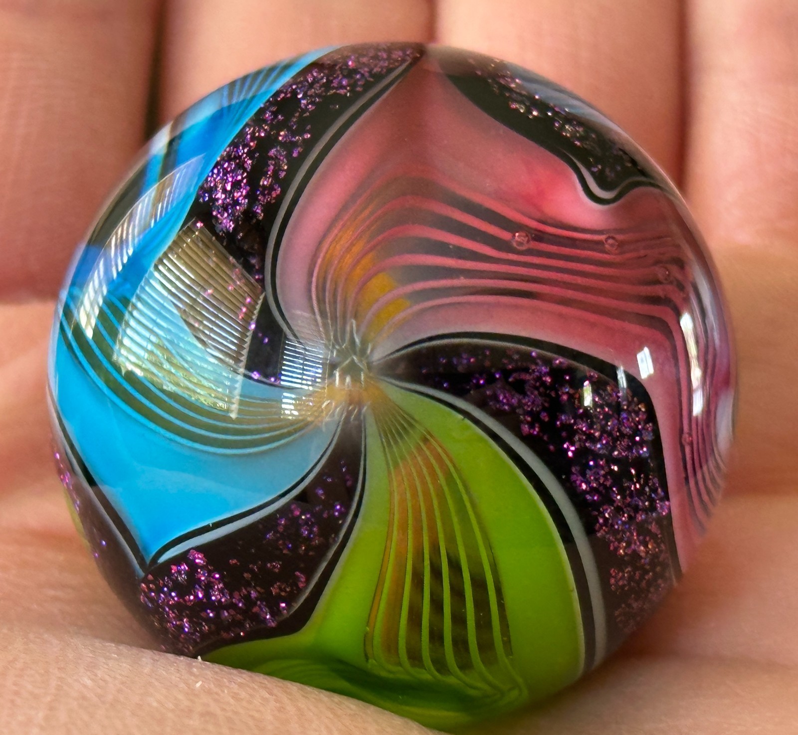 LARGE Contemporary Handmade HOT HOUSE Glass Marble SWIRLS w/Purple Lutz – 1.69″