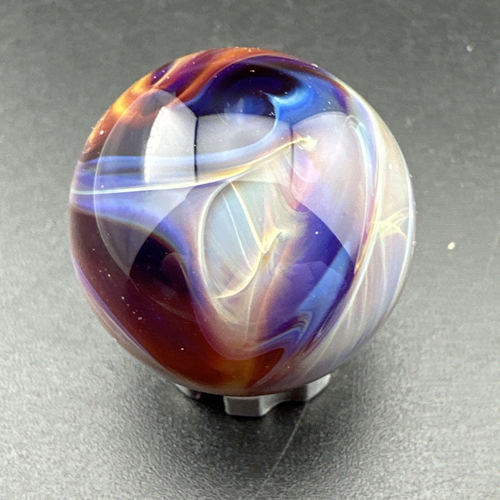 Contemporary Handmade Art Glass Marble .94″ Amber Purple Delightful Swirl MIB