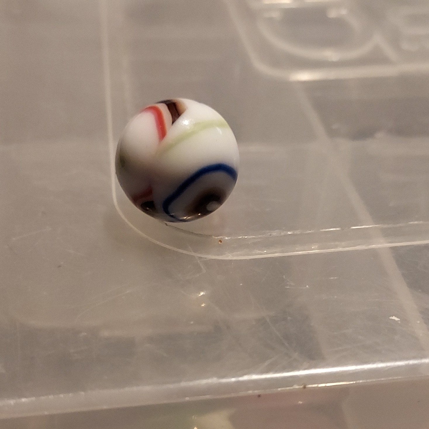 White Base Glass Toy Marble – Blue Red Green & Brown Swirl, Single, Ages 17+
