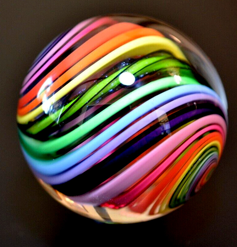 EDDIE SEESE GLASS MARBLE/1.829″-FILIGRANA JOSEPH’S COAT RAINBOW DT-GREEN,TURQ.+