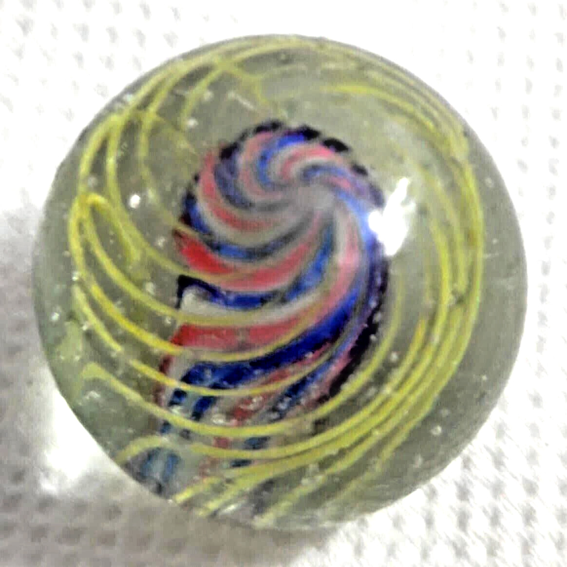 OLD 2 TOY MARBLES multi colored solid core caged 1 tri level ,2 blue base glass