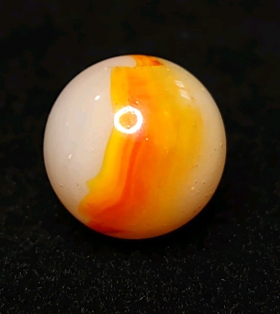 Yellow & Orange & Wh. Bubbly ClearBase Peltier Rainbo Glass VINTAGE Marble .64″