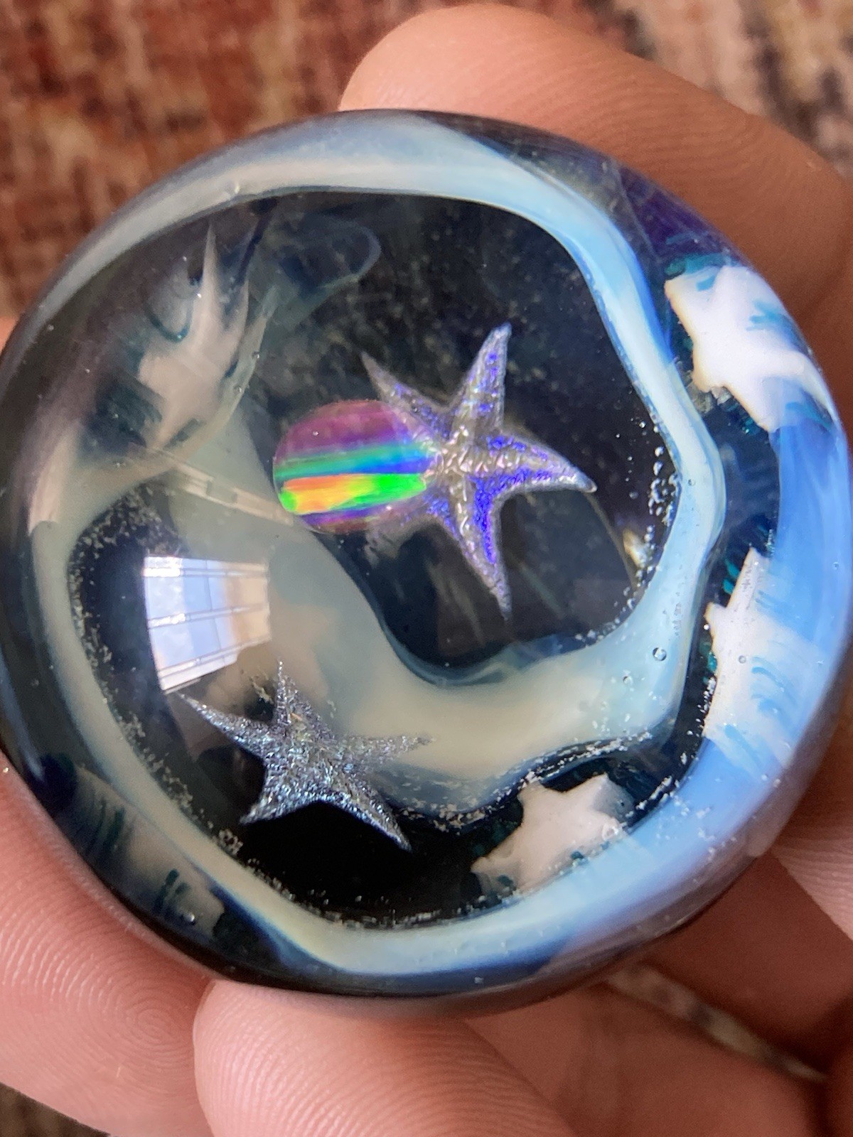 42mm Glass Boro Marble Deep Space Opal 24k Gold Fume swirl Sculpture Stars