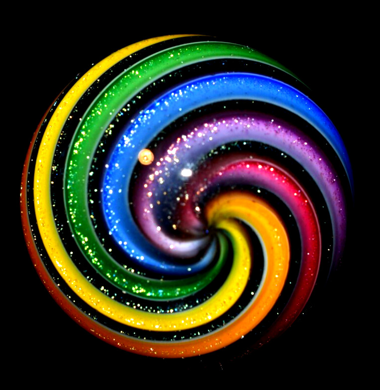 HOT HOUSE GLASS MARBLE/1.780″-DICHROIC RAINBOW BANDS-LIME,LILAC,CRIMSON,BLUE,YLW
