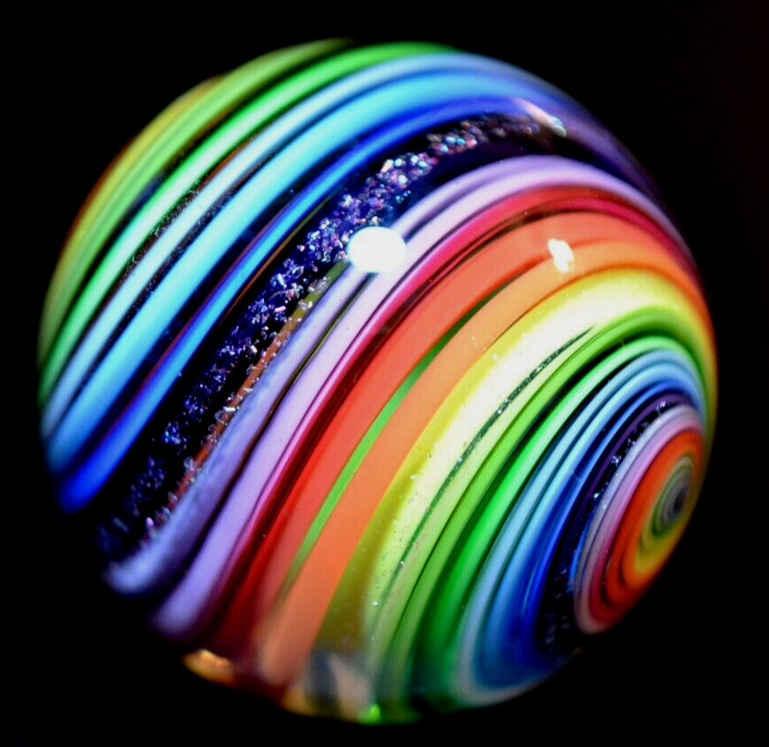 EDDIE SEESE GLASS MARBLE/1.783″-DICHROIC RAINBOW JOSEPH’S COAT-AVOCADO,LILAC,RED