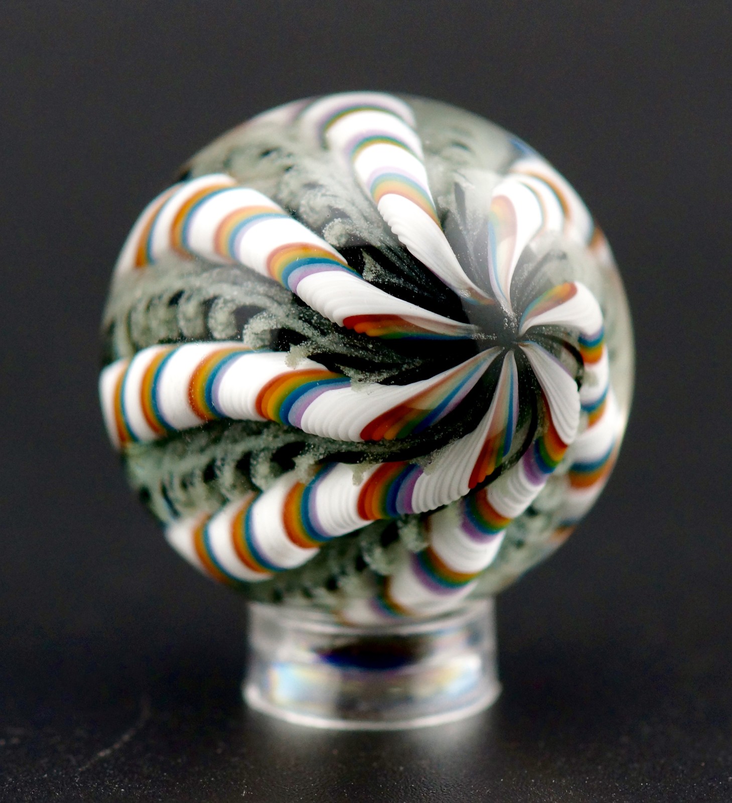 Bryan Trillas Glass Marble/Filigree Cane/Rainbow Black White/UV Reactive/1.35 in