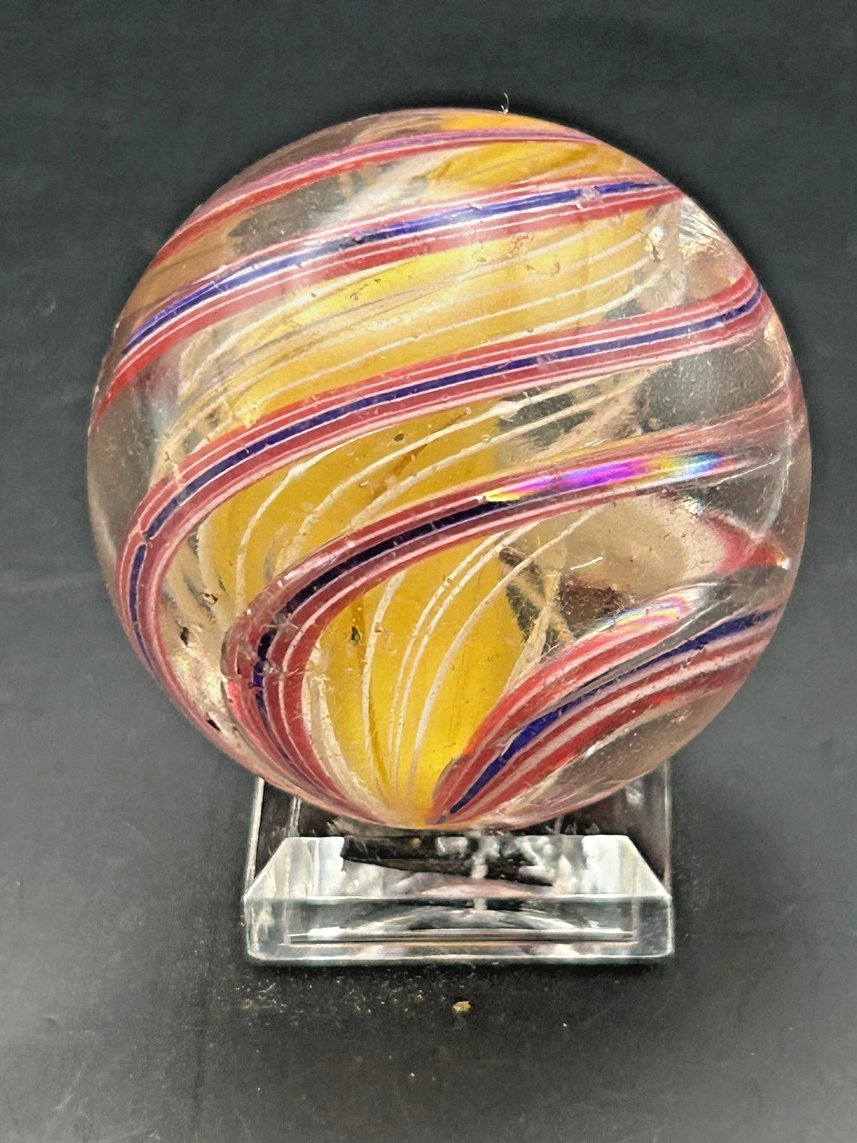 Antique German 3 Stage Solid Core Latticino Ribbon Marble 1 15/32″ NM+ E3.1
