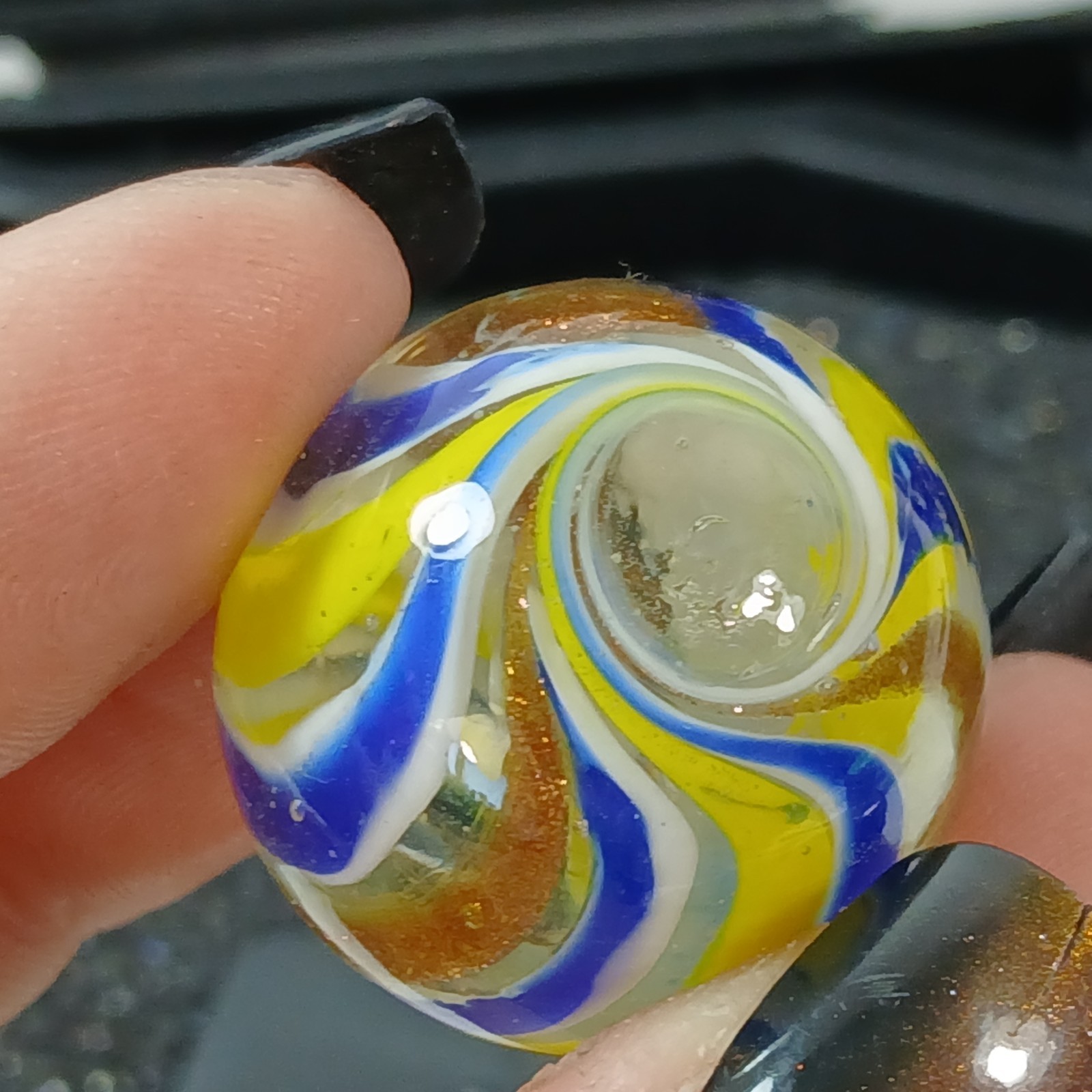 Blue Yellow White Gold banded swirl 1″ Shooter Hot House? Glass Marble Lampwork
