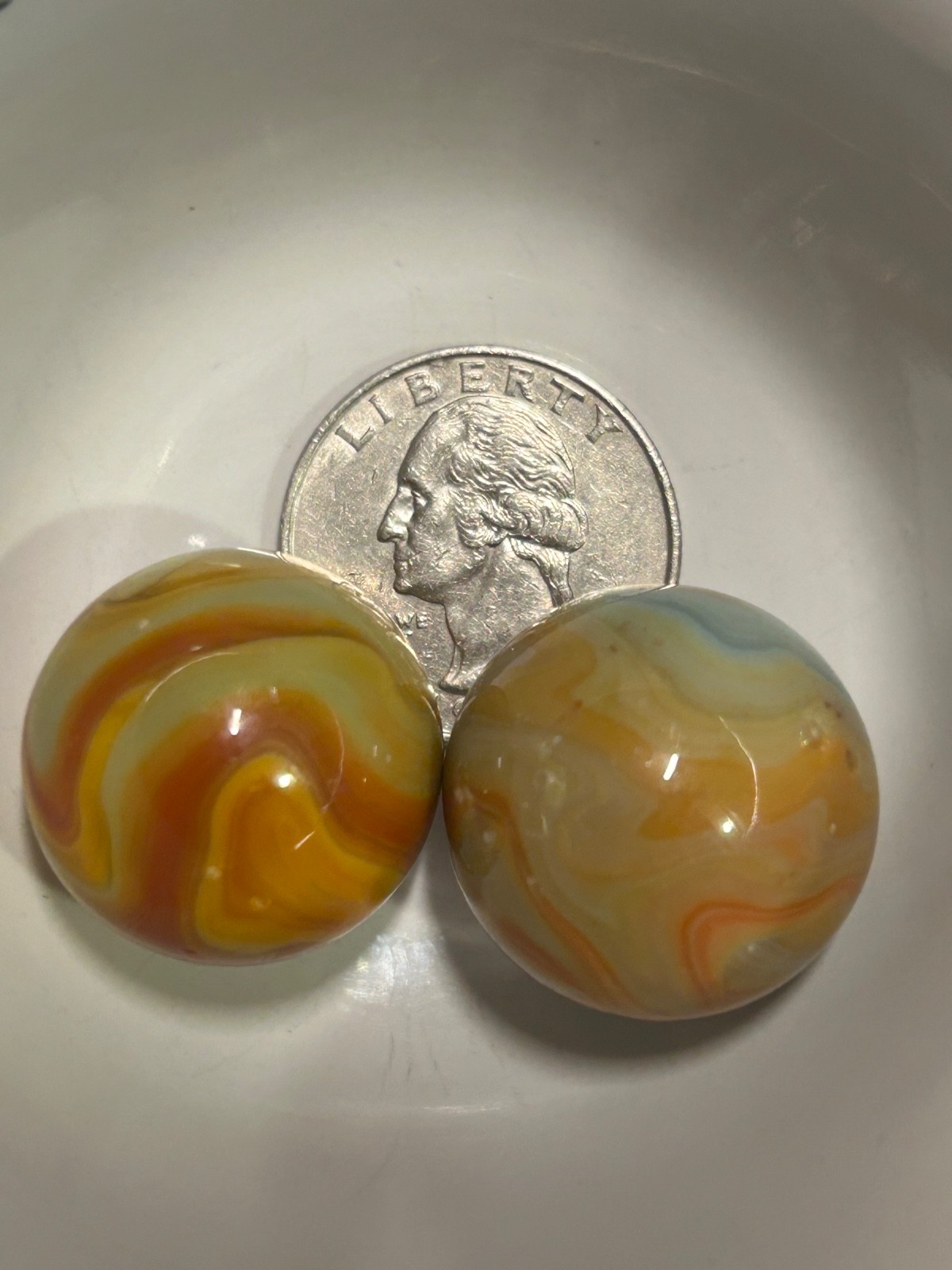Vintage JABO Glass Swirl Art Marble Shooter Pair 1″ As-Made Factory Crease Marks