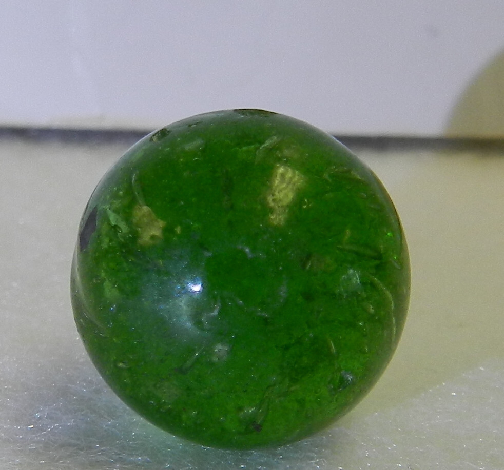 #18398m Vintage German Handmade Green Glass Mica Marble .64 Inches