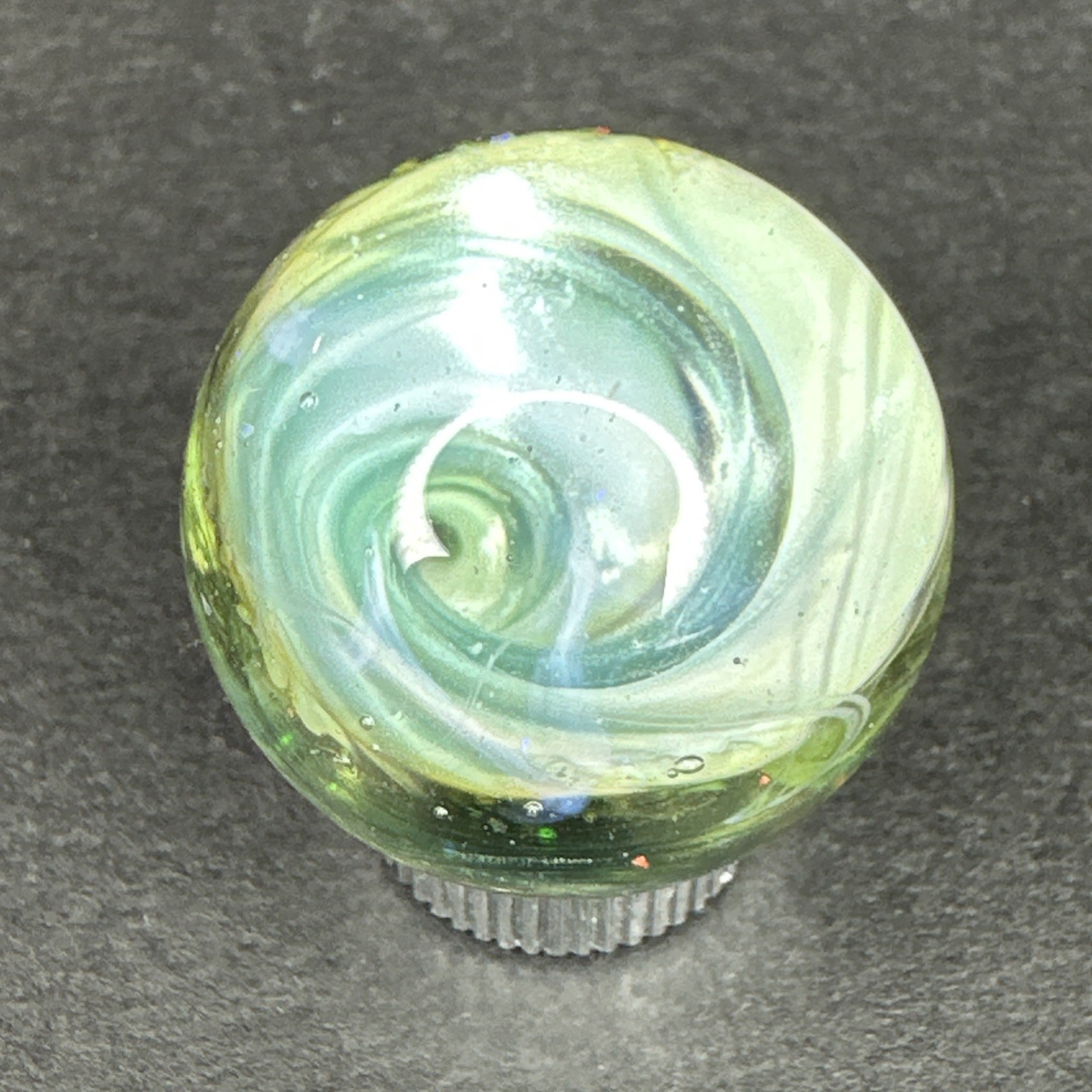 Contemporary Handmade Art Glass Marble 1.02″ Shimmering Green Blue Vortex MIB