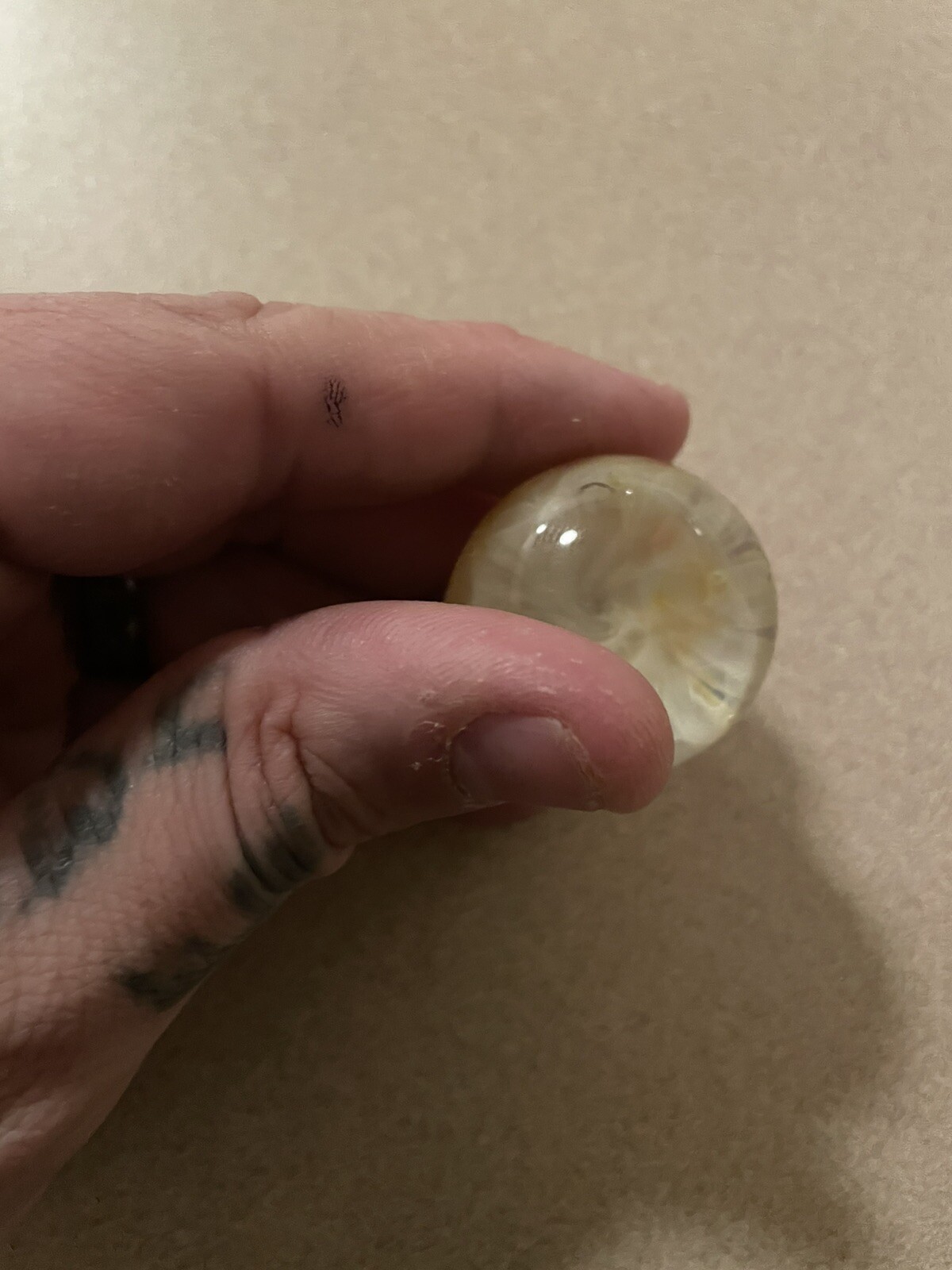 1 1/2 “ Tall Glass Marble , Two Tiny Chips On The Bottom Read Desc