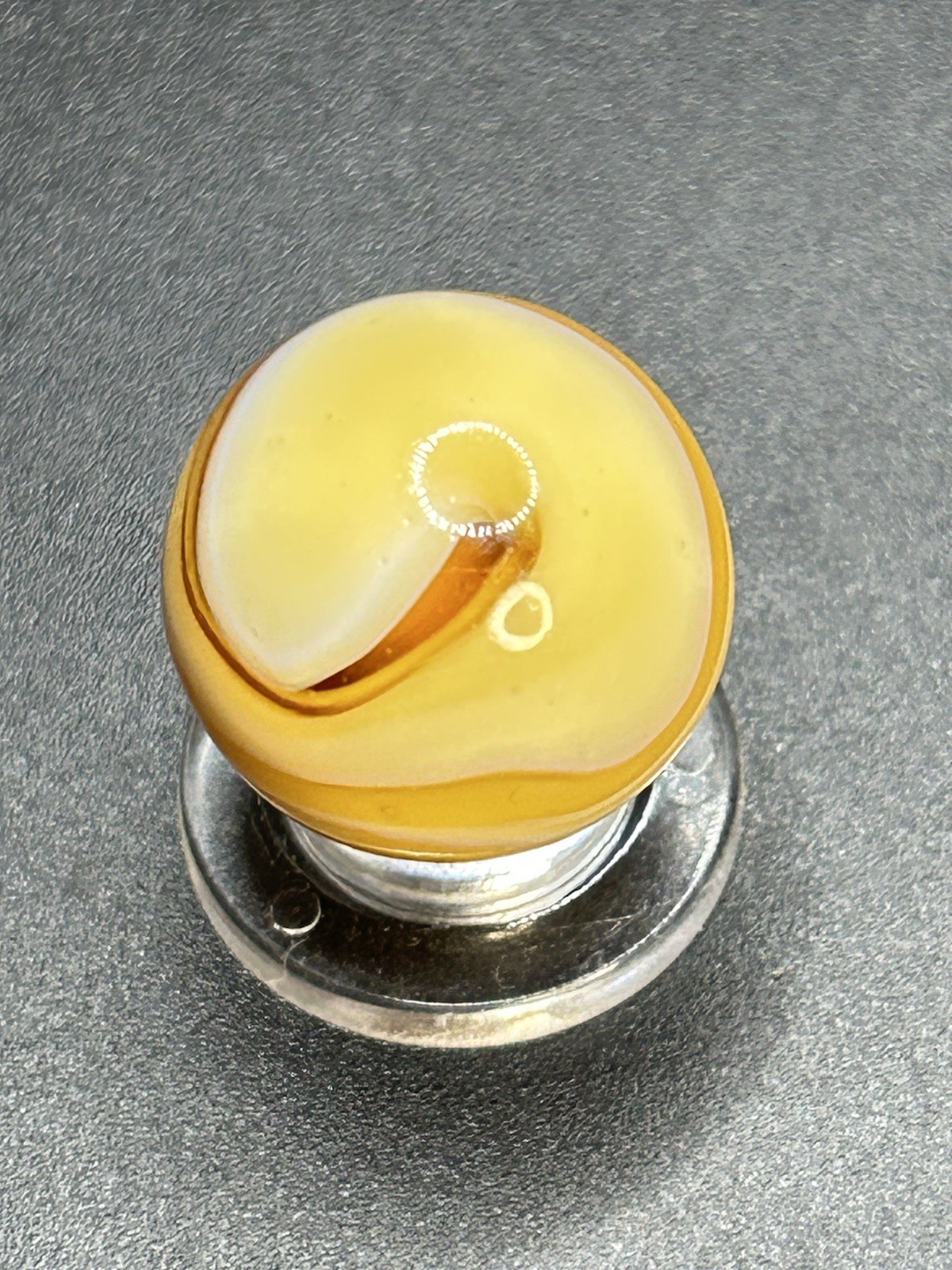 Vintage MF Christensen Amber Base 9 & Tail Single Seam Slag Marble 0.709”