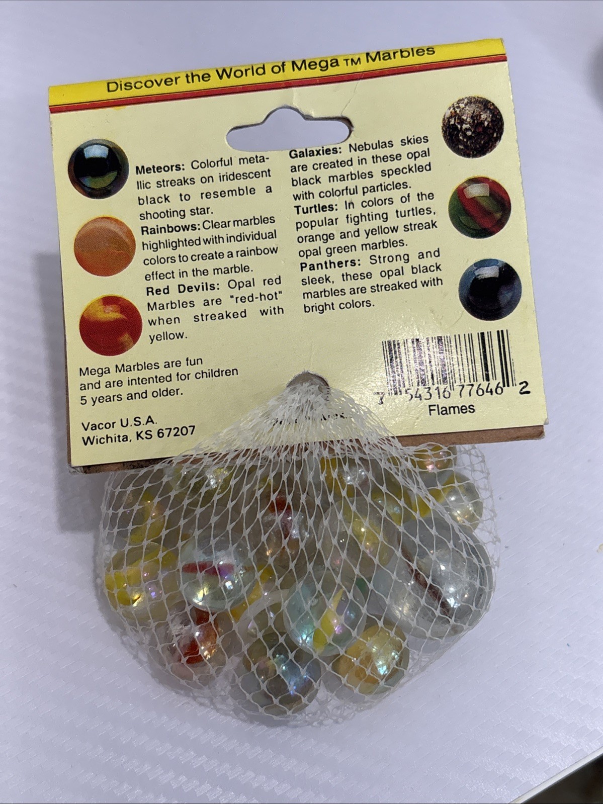 “FLAMES” VACOR MEGA MARBLES Vintage 1990s Net Bag 24 16mm/1 25mm Shooter
