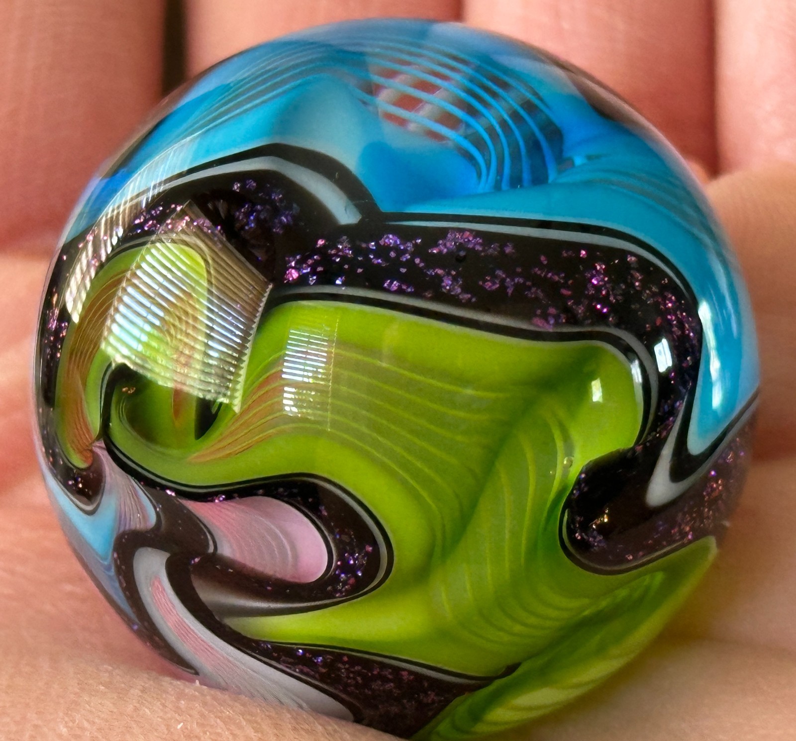 LARGE Contemporary Handmade HOT HOUSE Glass Marble SWIRLS w/Purple Lutz – 1.69″