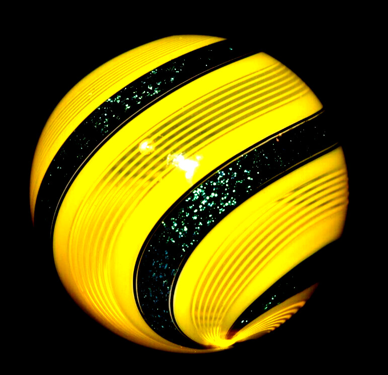 HOT HOUSE GLASS MARBLE/1.712″-SUNFLOWER W/TURQUOISE BANDED FINE LINER #319-FAST