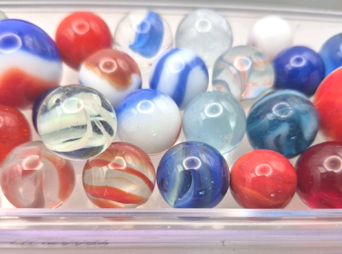 Vintage Assorted Patriot Red White Blue Glass Marbles Shooter Target Size 32pc.